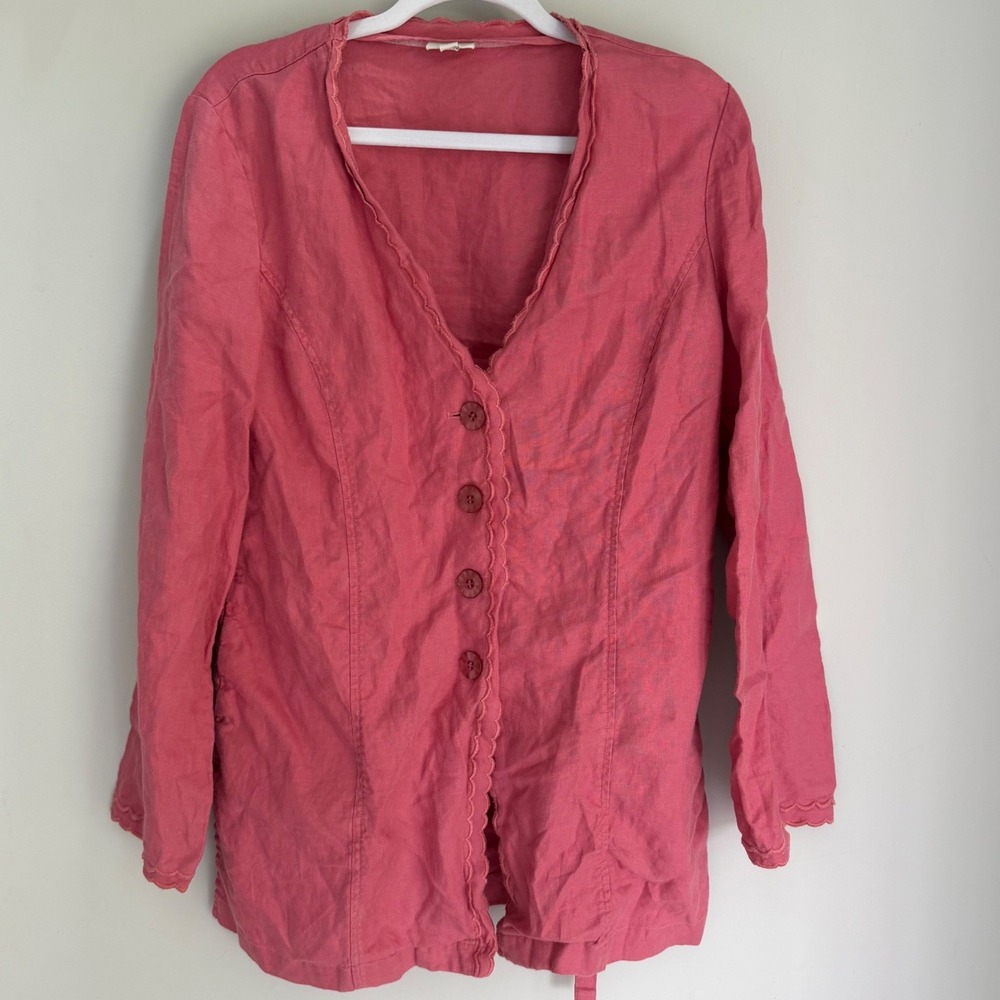 J. Jill 100% Linen Jacket Button Down Scallop Edge Rose Pink Lagenlook Artsy S